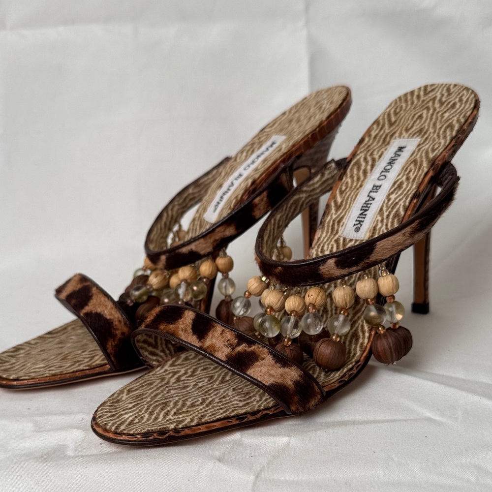 Manolo Blahnik Animal Print Heels with Wood and Acrylic Bead Accents